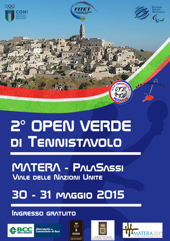 locandina secondo torneo open verde tennistavolo matera palasassi 30 31 maggio 2015.png